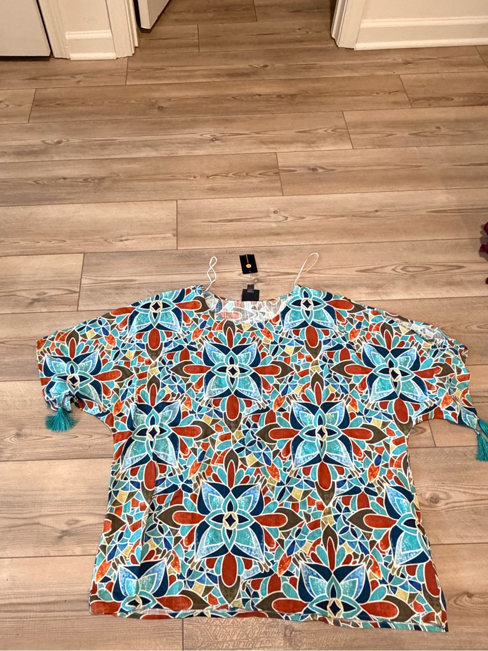 JM Collection Teal & Rust Floral Mosaic Cold-Shoulder Blouse